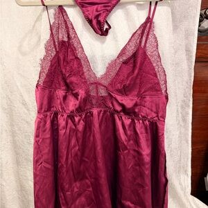 Victoria's Secret Burgundy Satin Chemise with Lace
